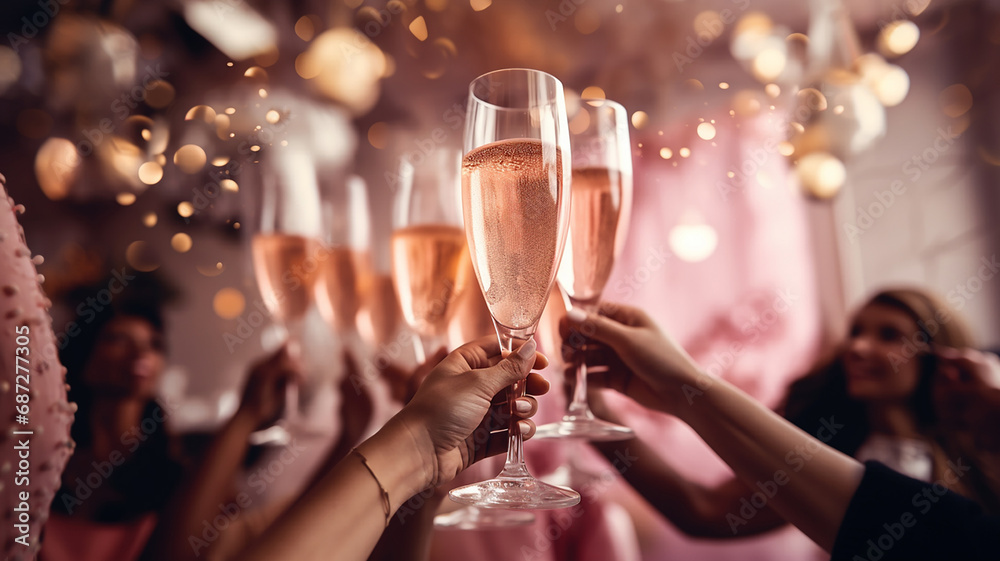 Obraz premium girls toast to a bachelorette party with pink champagne in glass