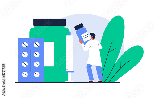 Tiny doctor pharmacist with medication: pills and bottles. Medicine, treatment, and pharmacy store concept. Pharmacy business. Vector illustration in cartoon style. Isolated on white background.