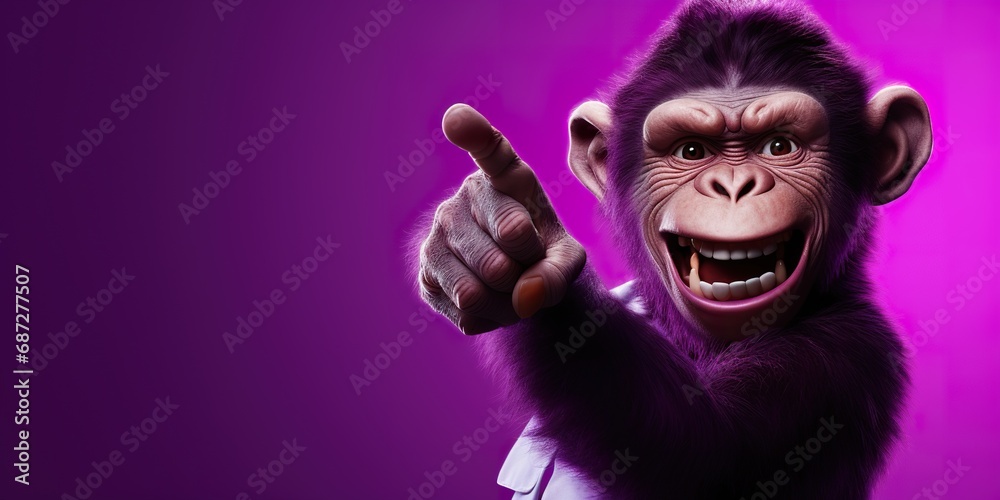 A mischievous monkey character with a cheeky grin, pointing to the right, against a rich purple background