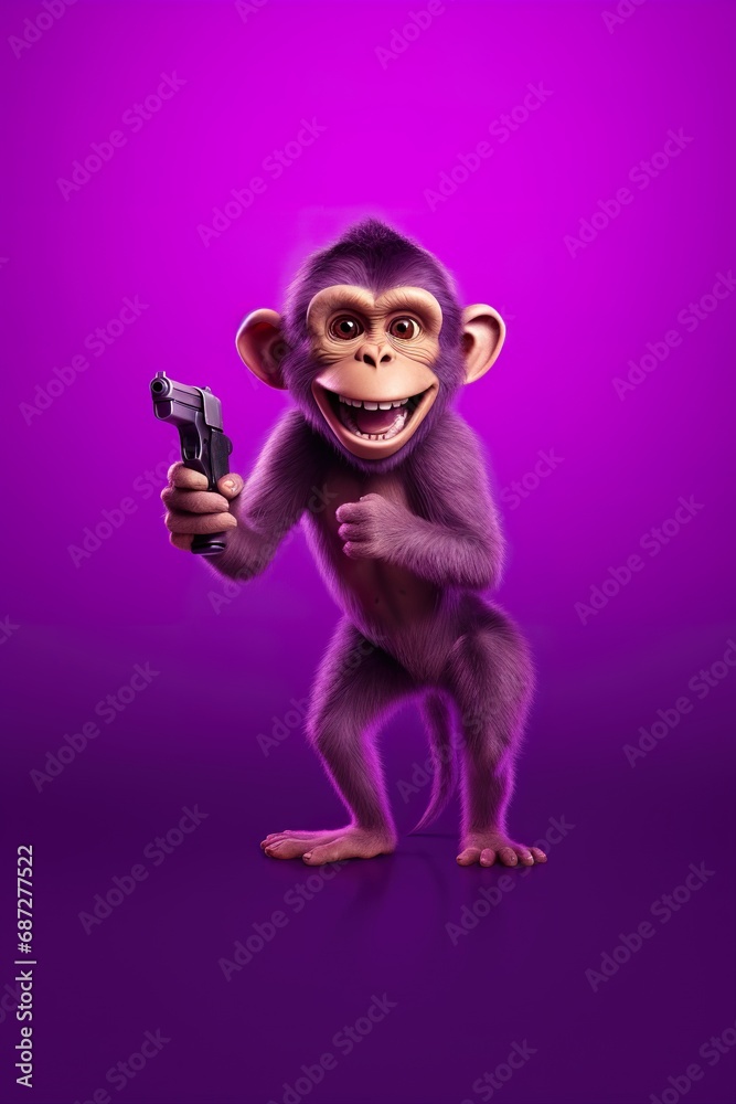 A mischievous monkey character with a cheeky grin, pointing to the right, against a rich purple background