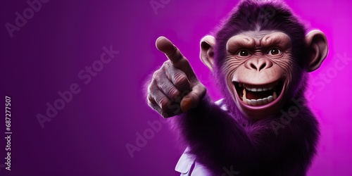 A mischievous monkey character with a cheeky grin, pointing to the right, against a rich purple background © EOL STUDIOS