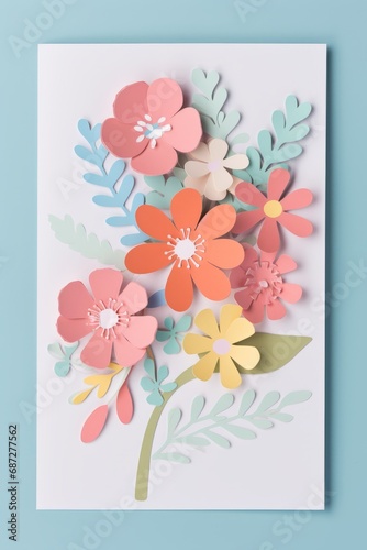 Handcrafted paper cutout with voluminous flowers on a paper  creating a handmade card as a symbol of love and spring. 