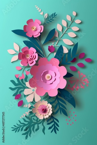 Handcrafted paper cutout with voluminous flowers on a paper, creating a handmade card as a symbol of love and spring.  © Ilia