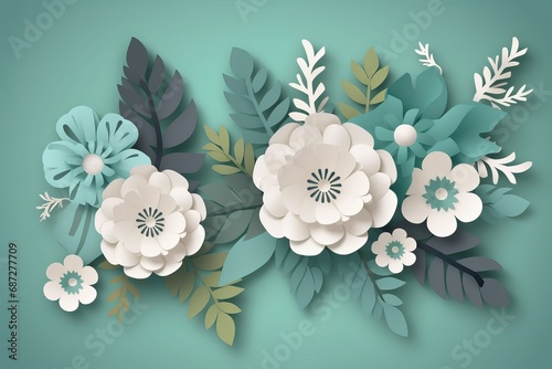 Handcrafted paper cutout with voluminous flowers on a paper, creating a handmade card as a symbol of love and spring.  photo
