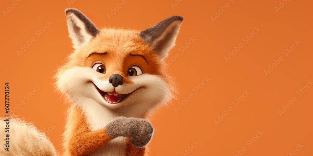 A whimsical fox character pointing to the right, against a soft orange studio background, smiling joyfully