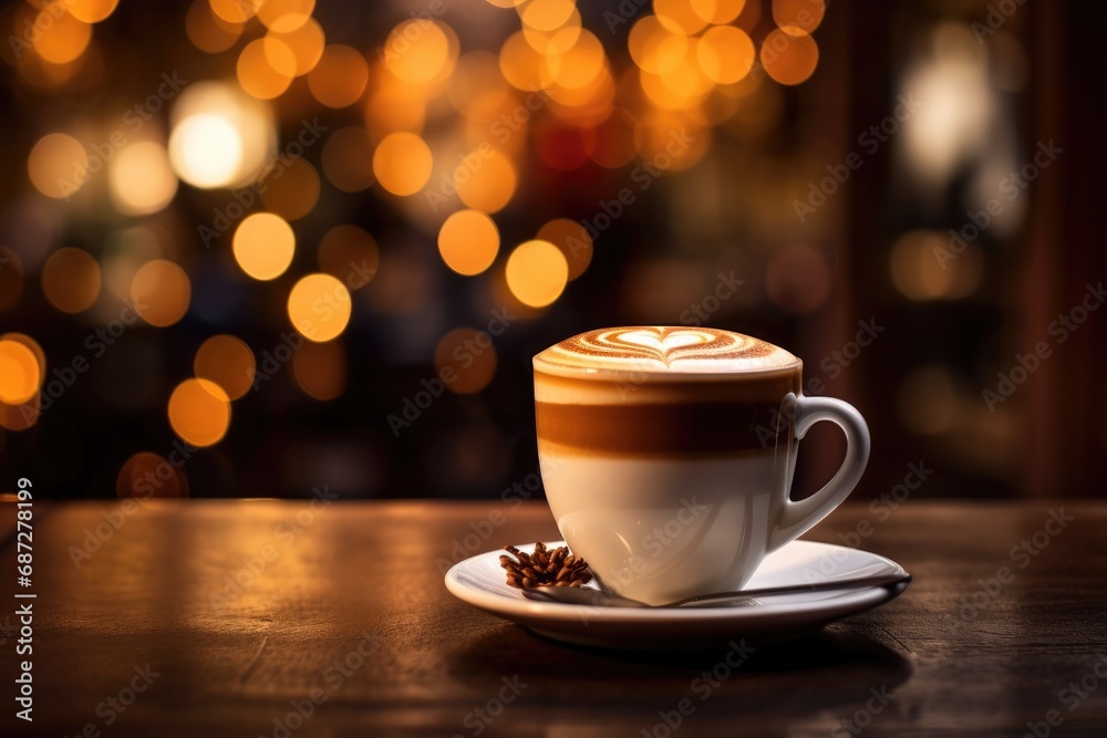 Obraz premium Cappuccino with a beautiful, lush foam stands on the table against a background of blurred lights. The atmosphere of the holiday.
