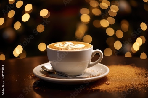 Cappuccino with a beautiful, lush foam stands on the table against a background of blurred lights. The atmosphere of the holiday.