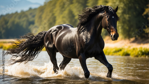 magnificent dark horse runs in the river in nature