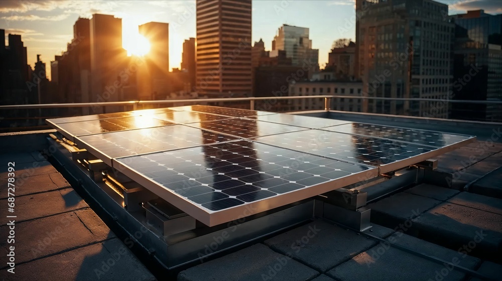 Illustration of a photovoltaic elements integrated an a roof of a building in an north american mega city, sustainable green engergy - obrazy, fototapety, plakaty 