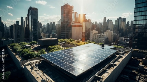 Illustration of a photovoltaic elements integrated an a roof of a building in an north american mega city, sustainable green engergy photo