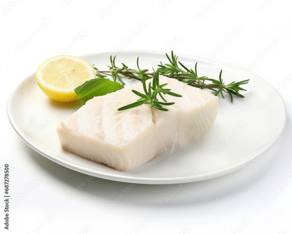A poached halibut steak isolated on white background A poached halibut steak isolated on white background