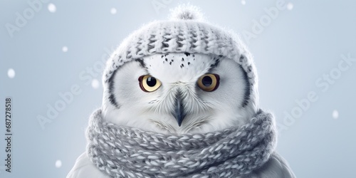 A whimsical snow owl wearing a knitted cap, winking playfully, on a snowy white studio background