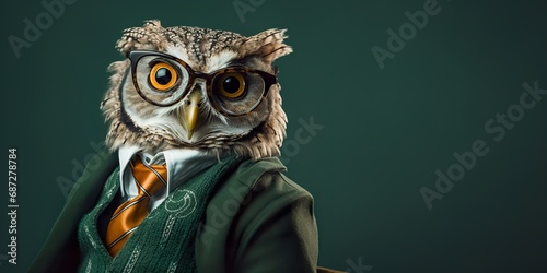 A wise owl wearing glasses and smiling, posed against a deep green studio background, looking scholarly