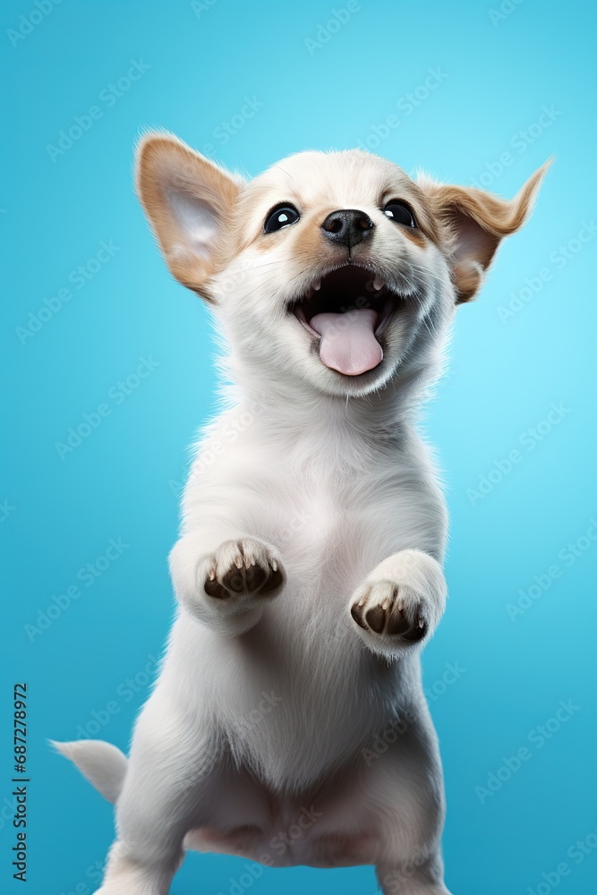An energetic puppy character with a wagging tail pointing to the side, on a sky-blue studio background