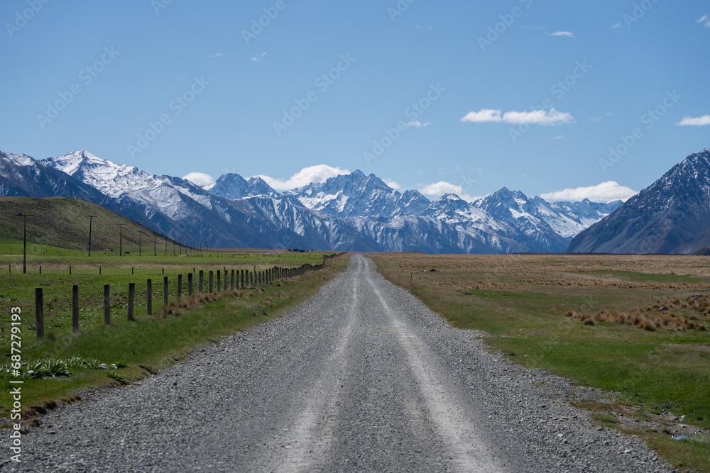 New Zealand country road in the mountain landscape New Zealand country road in the mountain landscape