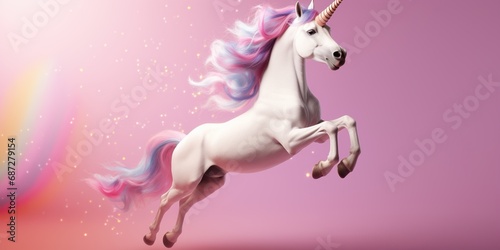 An energetic unicorn character jumping with joy on a pastel pink studio background  radiating happiness
