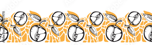 Seamless border with apple and tile decor. Vector illustration. Bright fruit decor border. Endless frieze with apples.