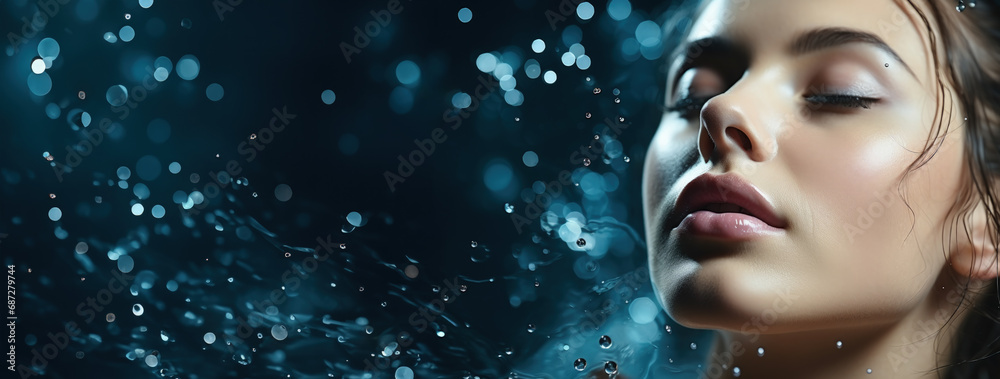 An invigorating water splash on a youthful face the concept of hydration An invigorating water splash on a youthful face the concept of hydration