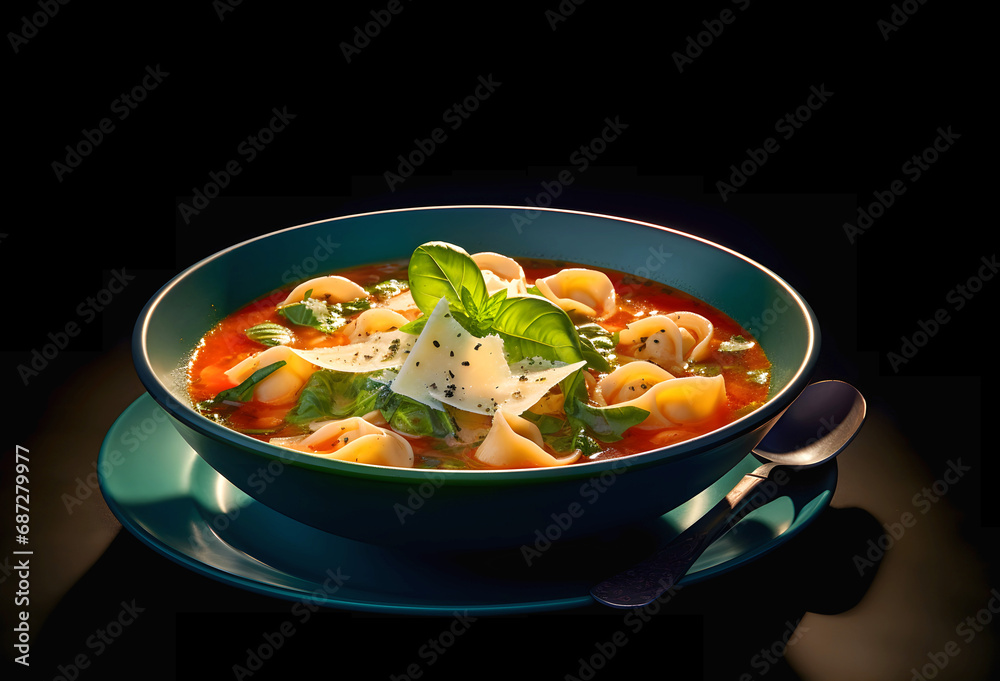 Tortellini soup in blue bowl on dark background. An herb-flecked tomato broth, cheesy tortellini, fresh veg