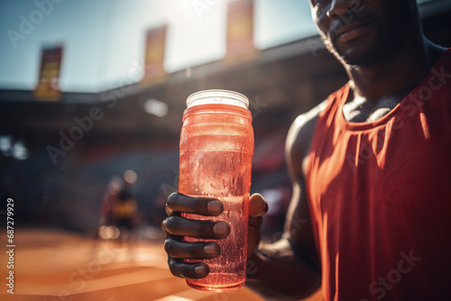 A basketball player grabbing a sports drink on the court sidelines the concept of hydration  photo