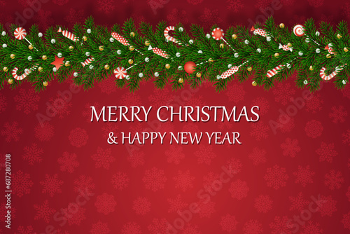 Christmas banners with decorated branches. With snow on a red background. Festive header design. Concept for holiday, winter holidays, New Year, Christmas