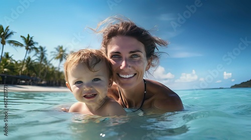 Horizontal AI illustration. mother teaching her toddler child to swim in the sea. Vacation concept. © Ametz