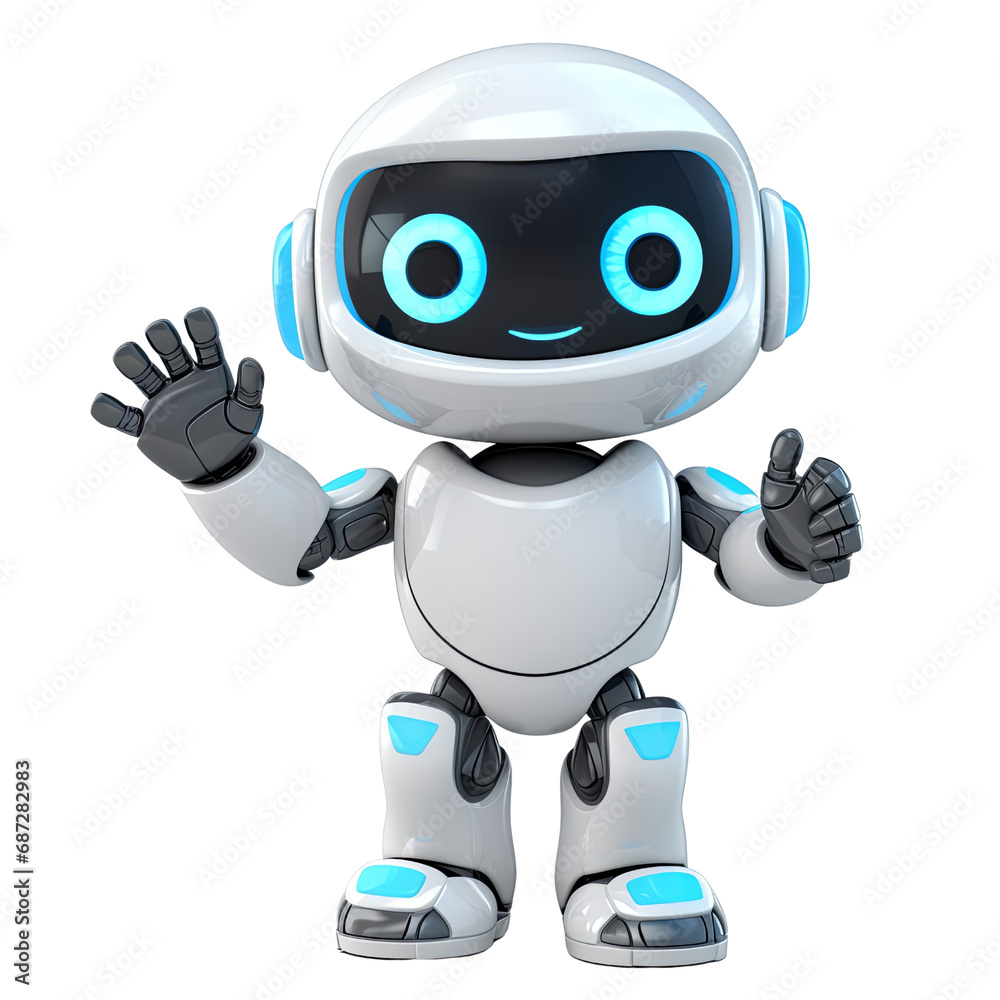 Cute white robot raising his hands in greeting isolated on transparent background PNG Cute white robot raising his hands in greeting isolated on transparent background PNG