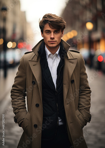 young handsome man in a coat on the street of a European city in autumn, guy, boy, model, London, business, portrait, successful, confident, gentleman, sir, stylish clothes, fashion, beauty, suit © Julia Zarubina