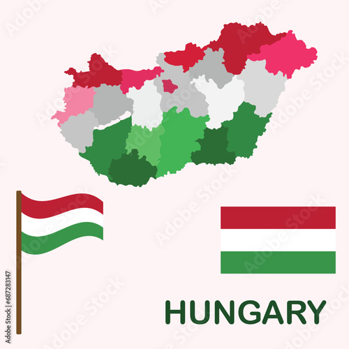 Hungary map detailed  with regions  and flag vector