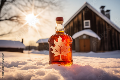 Bottle of maple syrup on the last snow with the sugar shack in the distance.