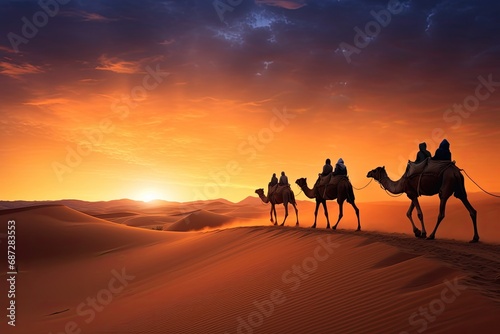 A camel caravan against the backdrop of the golden sand