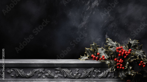 Frosted holly leaf on a licorice black Christmas background with an empty podium mockup 