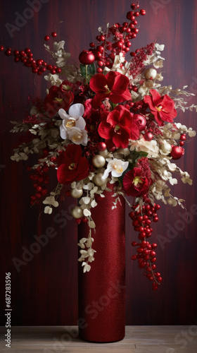 A metallic crimson Christmas canvas with a single column for a winter-themed vase display 