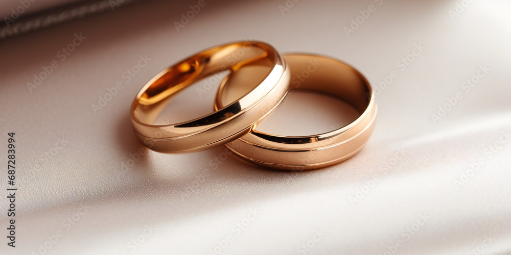 Two beautiful gold wedding rings on a light background close-up Two beautiful gold wedding rings on a light background close-up