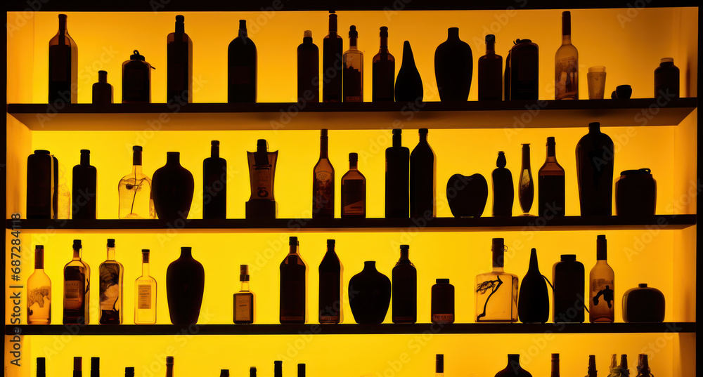 Rows of bottles on shelf in bar, yellow lighting Rows of bottles on shelf in bar, yellow lighting