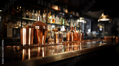 Classic marble bar counter with copper shakers and glassware