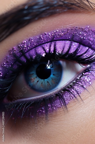 closeup shot of woman eye iris and creative makeup with dye and paint, macro of creative cosmetics makeup, beauty and fashion image