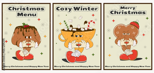 set of cute cartoon posters with Christmas characters: gingerbread cookies, cupcake, cocoa with sweets. Groovy vector illustration in retro style of the 60s-70s. Festive print, stickers, cafe menu.