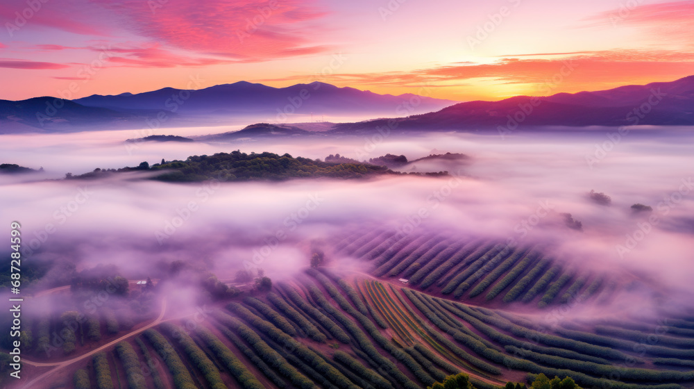 Aerial view of lavender fields at sunrise