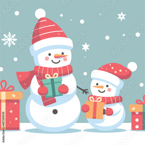 flat Snowman with with gifts and tree vector illustrations on a white background © Shabnam