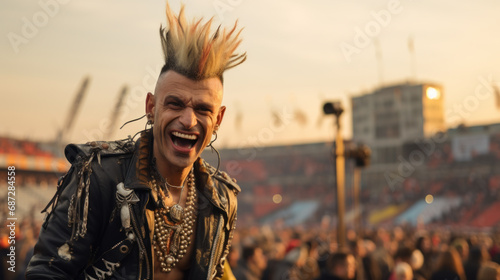 Young happy punk with mohawk hairstyle, open air music festival photo