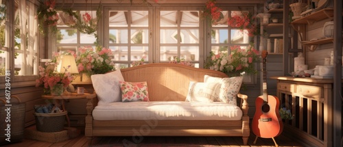 Cozy wooden countryside house interior with comfortable sofa, floral cushions, acoustic guitar, and sunlit window sills adorned with blooming flowers. Rustic home decor and relaxation.