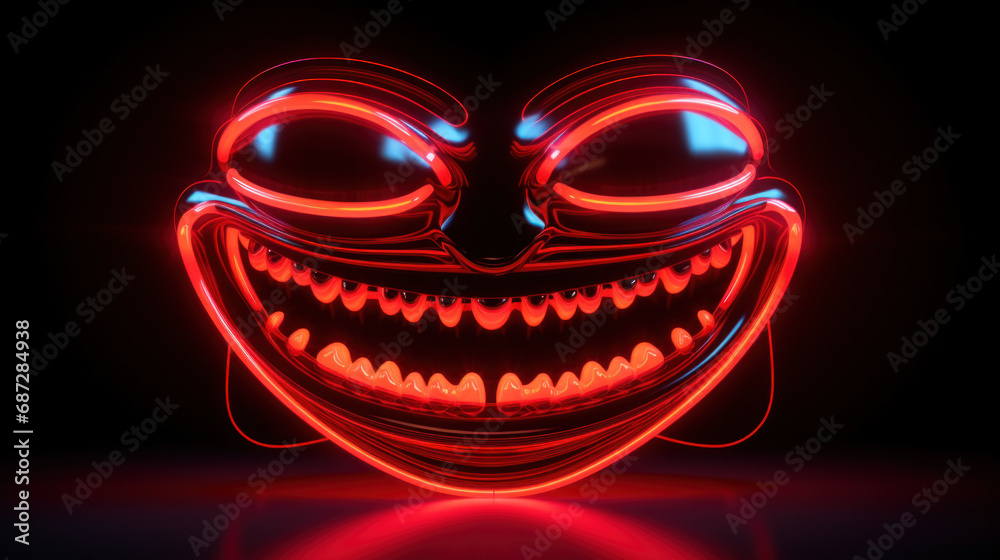 Menacing red neon smile emoticon on black background