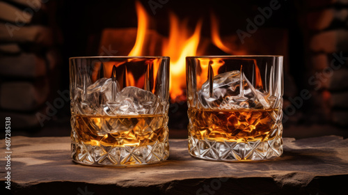 Two glasses of cognac or whisky with ice, fireplace in the background