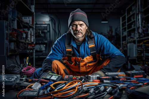 portrait of an electrician in a warehouse
