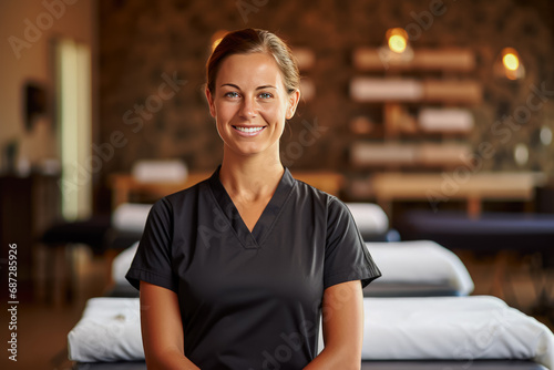 Portrait of smiling female masseur standing with arms crossed in spa salon photo