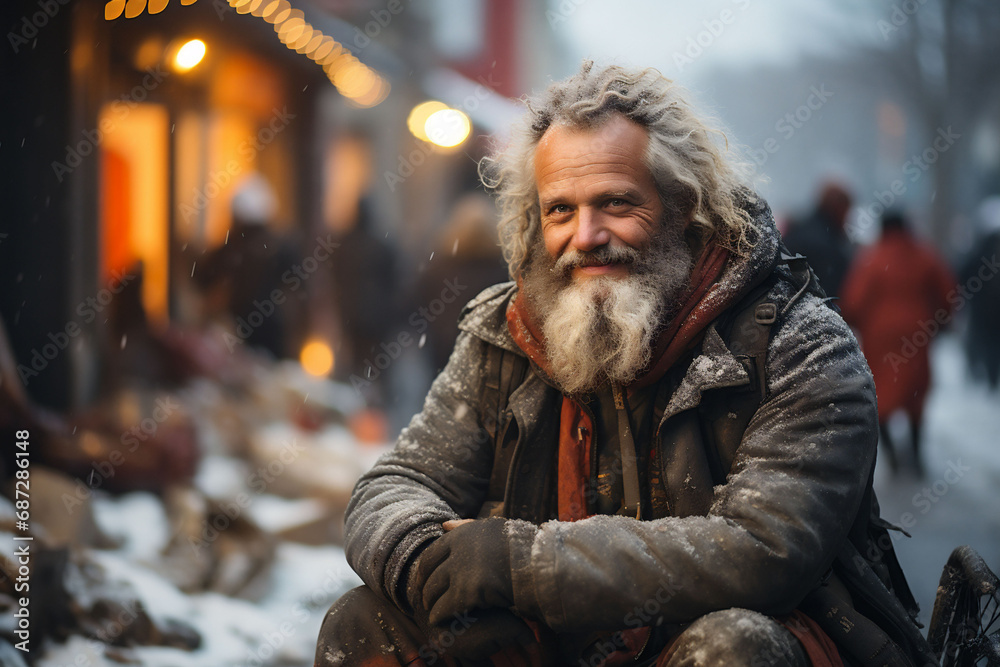Smiling homeless man in dark clothes with gray hair and beard. Blurred city street in the background. Bokeh lights. Copy space.