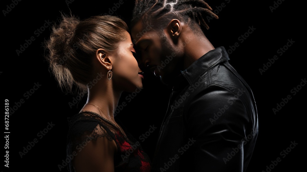 Side view of couple kissing and hugging on black Side view of couple kissing and hugging on black
