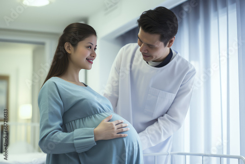 Happy joyful asian pregnant woman in a maternity modern hospital. Gynecological services for pregnant women, pregnancy planning center, medical services.