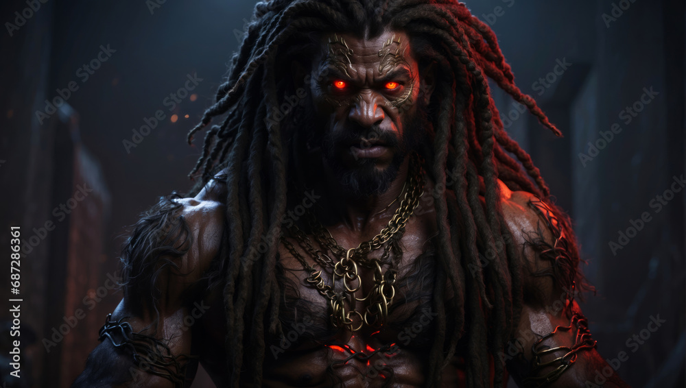 A black demon with glowing eyes and dreadlocks.
